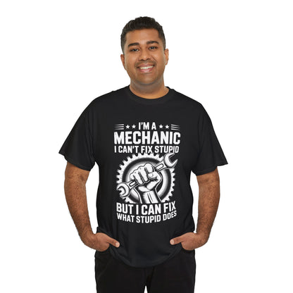 “Male model in Teezoca funny mechanic shirt, I Can’t Fix Stupid But I Can Fix What Stupid Does graphic, black tee, casual pose.”

