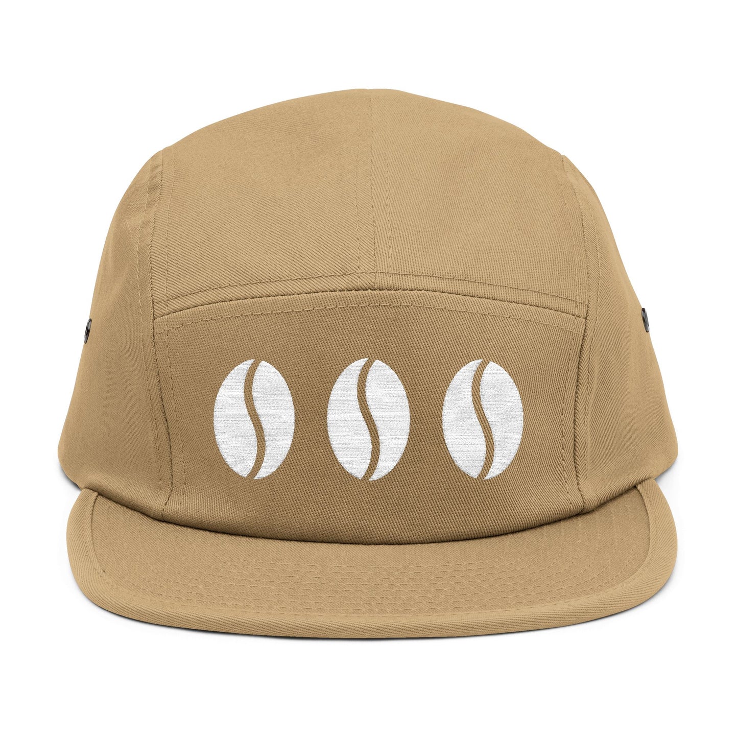 Beige cap with three white coffee bean icons on a white background. Triple coffee bean minimalist embroidery on 5-panel cap. TEEZOCA