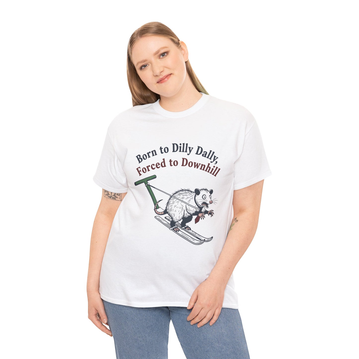 Opossum Skiing Graphic T-Shirt - "Born to Dilly Dally, Forced to Downhill" Funny Winter Tee | TEEZOCA 