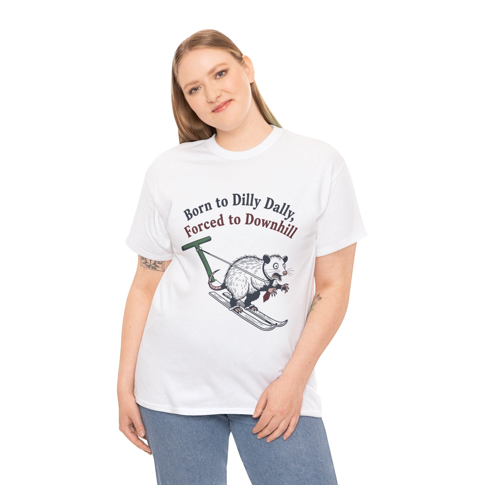 Opossum Skiing Graphic T-Shirt - "Born to Dilly Dally, Forced to Downhill" Funny Winter Tee | TEEZOCA 