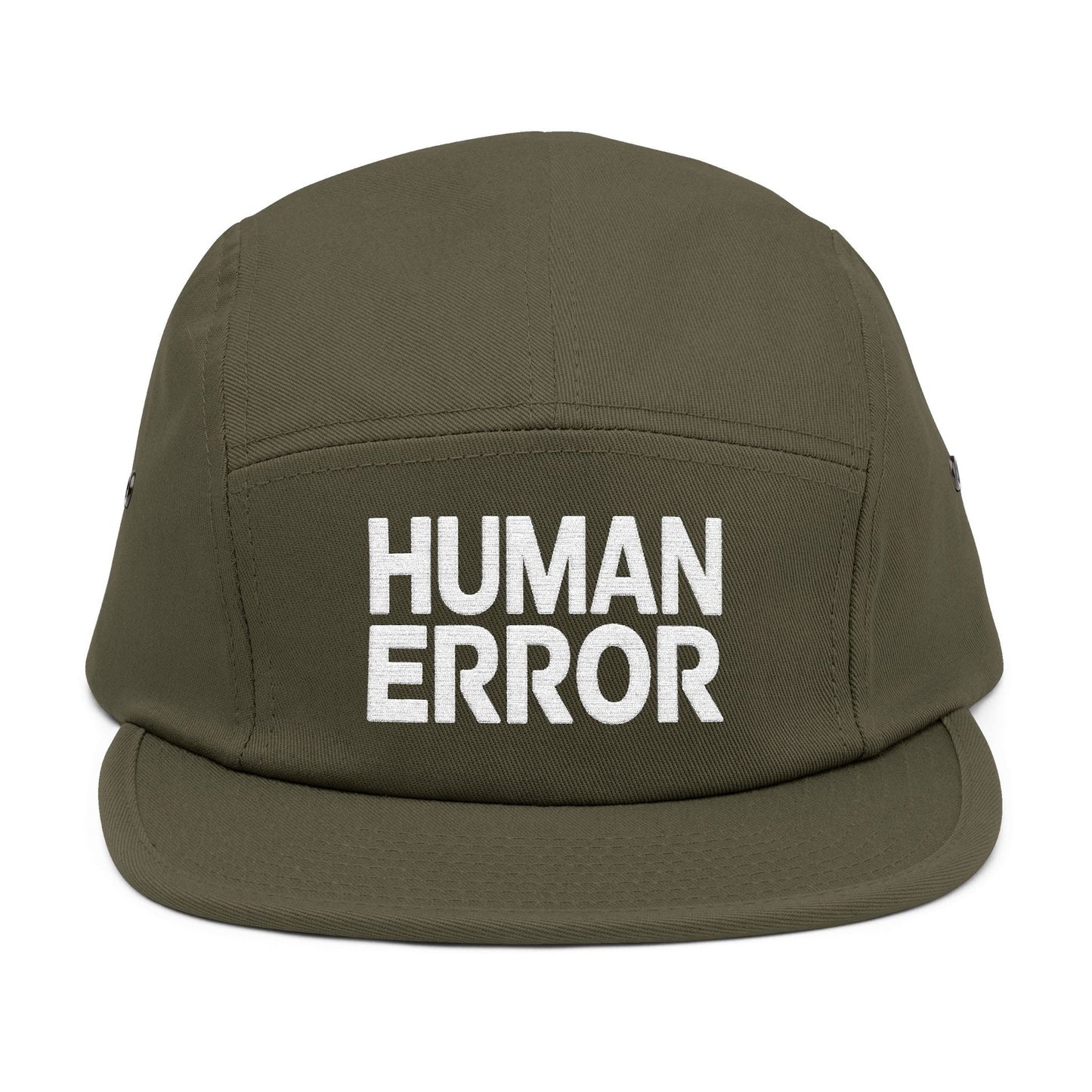 Green cap with 'HUMAN ERROR' text on a white background. Front view of an embroidered 5-panel cap featuring the bold “HUMAN ERROR” typography in white. TEEZOCA