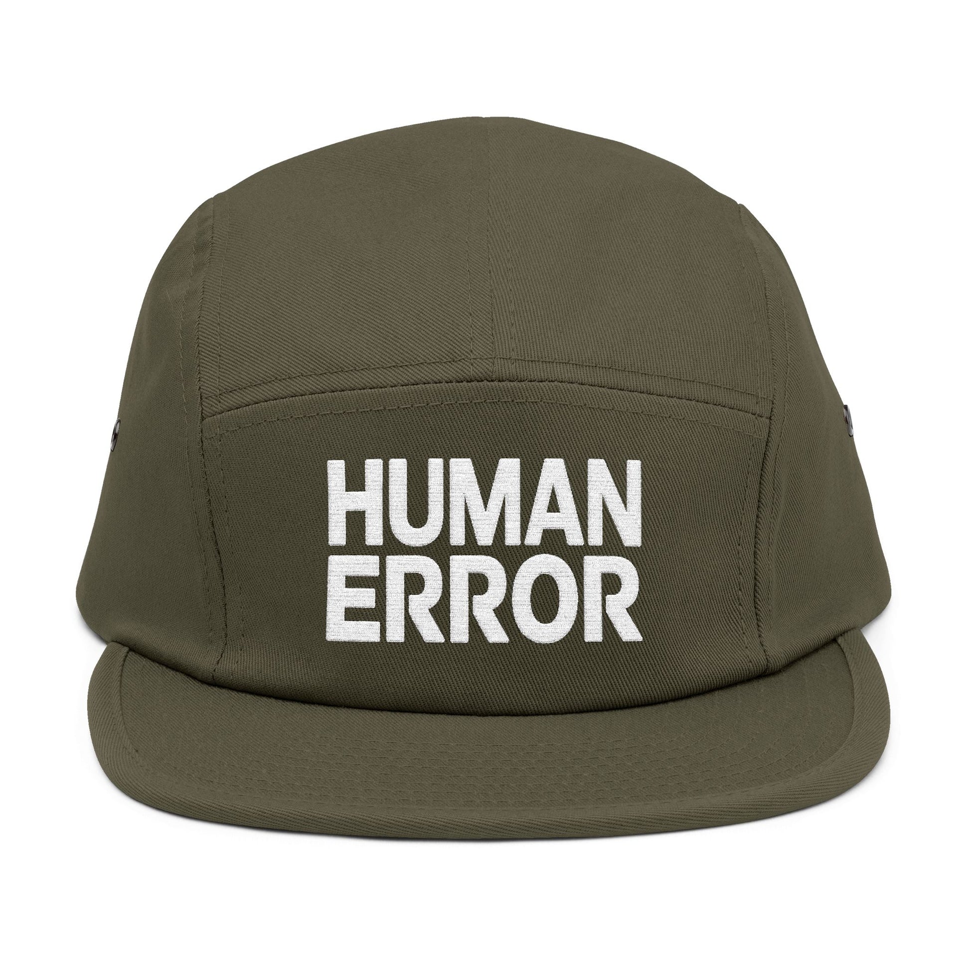 Green cap with 'HUMAN ERROR' text on a white background. Front view of an embroidered 5-panel cap featuring the bold “HUMAN ERROR” typography in white. TEEZOCA