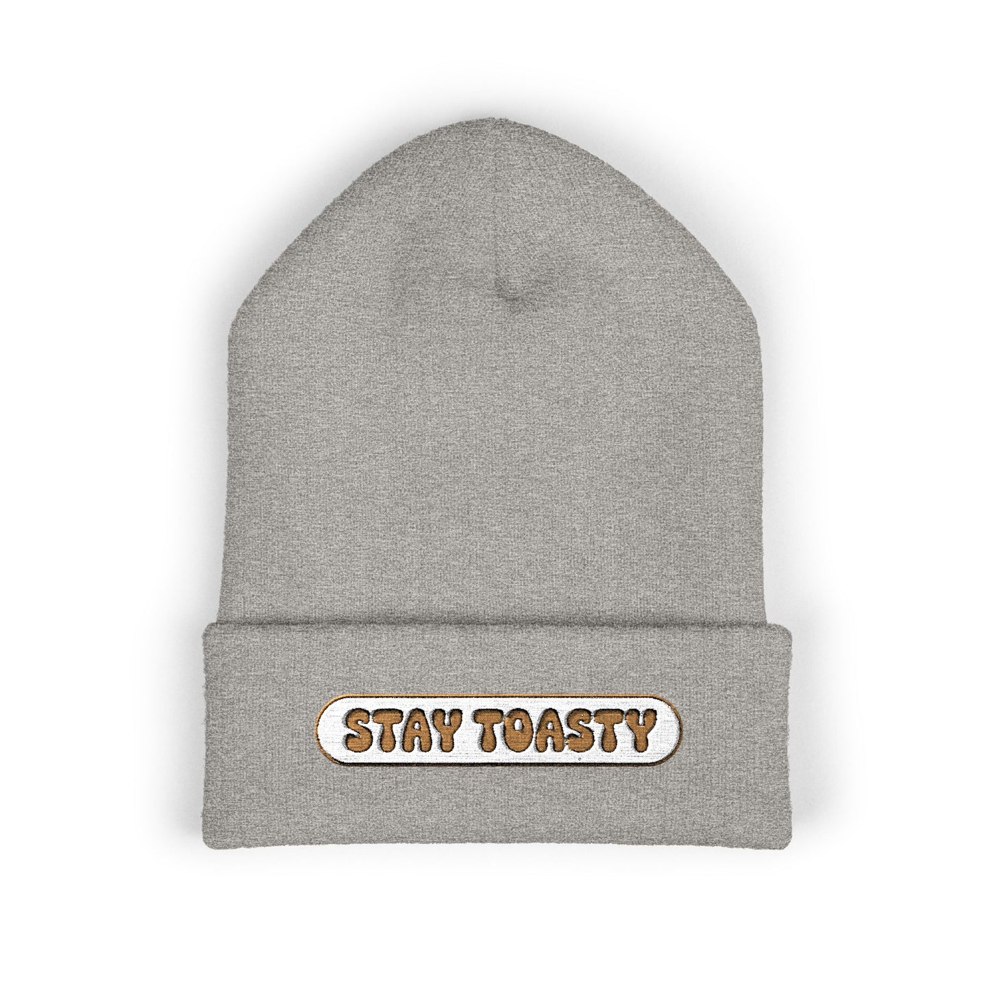 Gray beanie with 'Stay Toasty' text on a white background