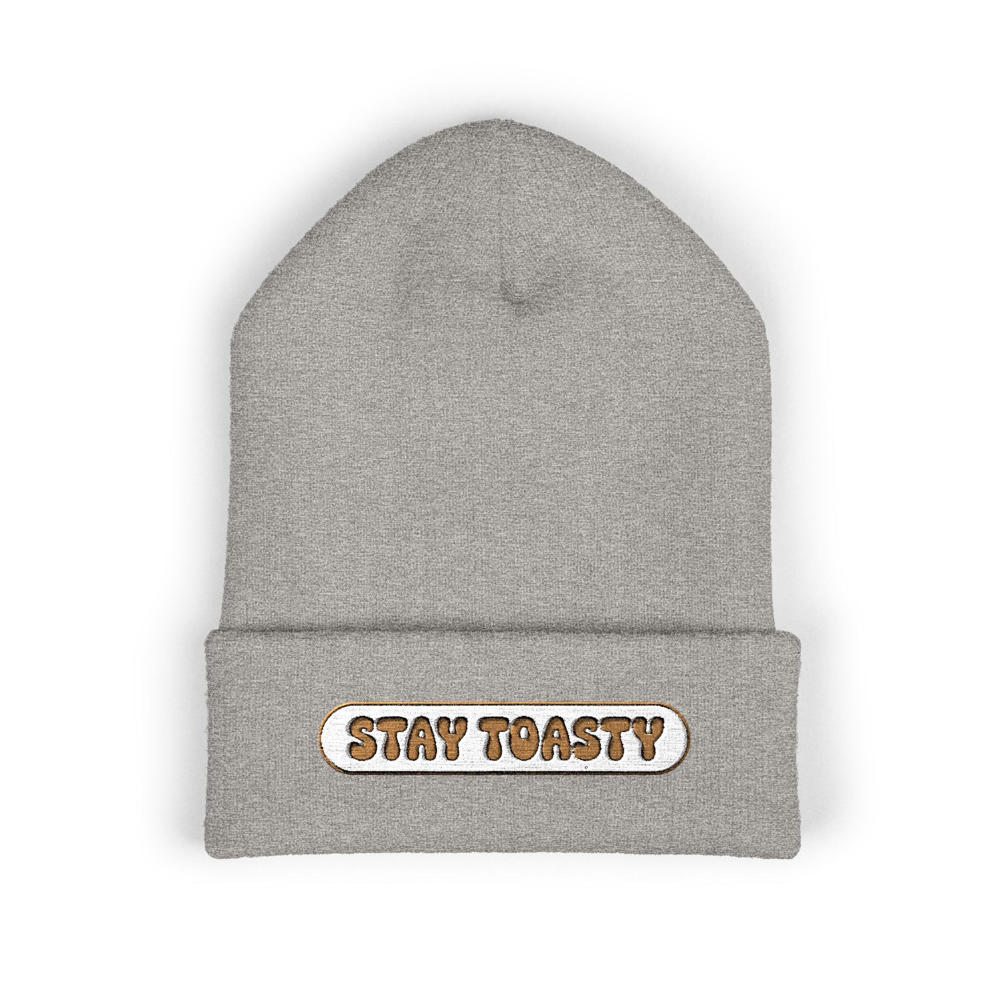 Gray beanie with 'Stay Toasty' text on a white background