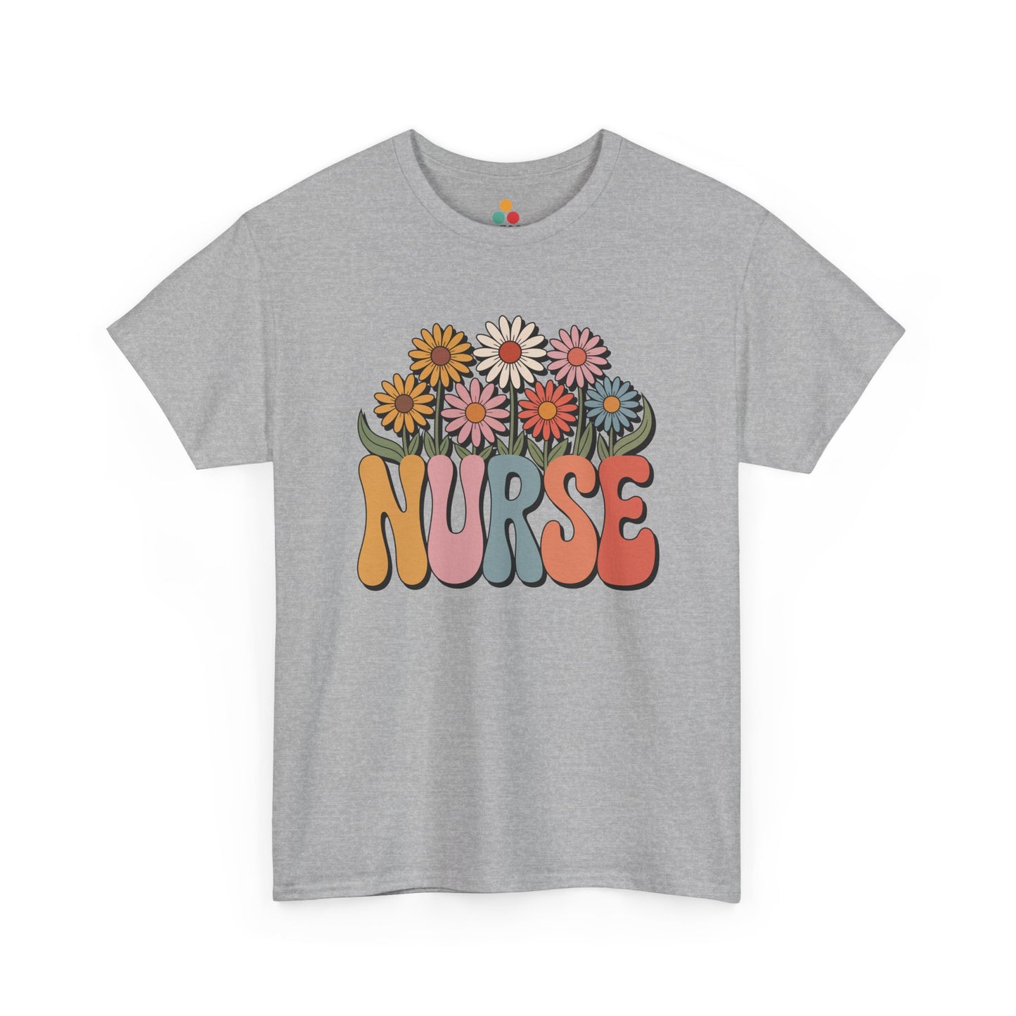 “Teezoca floral Nurse t-shirt, colorful retro nurse design, athletic gray tee, front view.”

