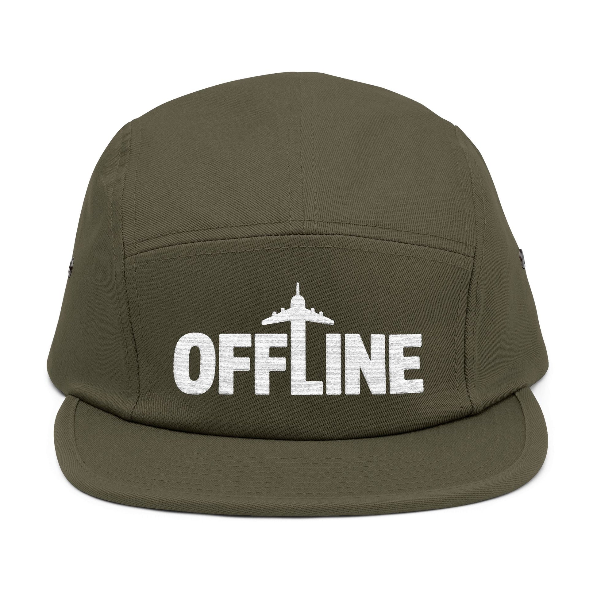 Green cap with 'OFFLINE' text and airplane icon on a white background. Embroidered OFFLINE airplane graphic on black 5-panel cap. TEEZOCA