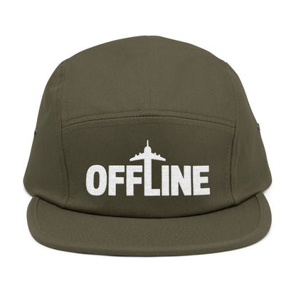 Green cap with 'OFFLINE' text and airplane icon on a white background. Embroidered OFFLINE airplane graphic on black 5-panel cap. TEEZOCA
