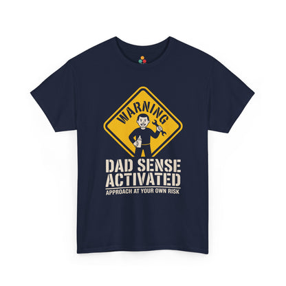 TEEZOCA navy “Warning Dad Sense Activated Approach At Your Own Risk” funny Father’s Day t-shirt laid flat.