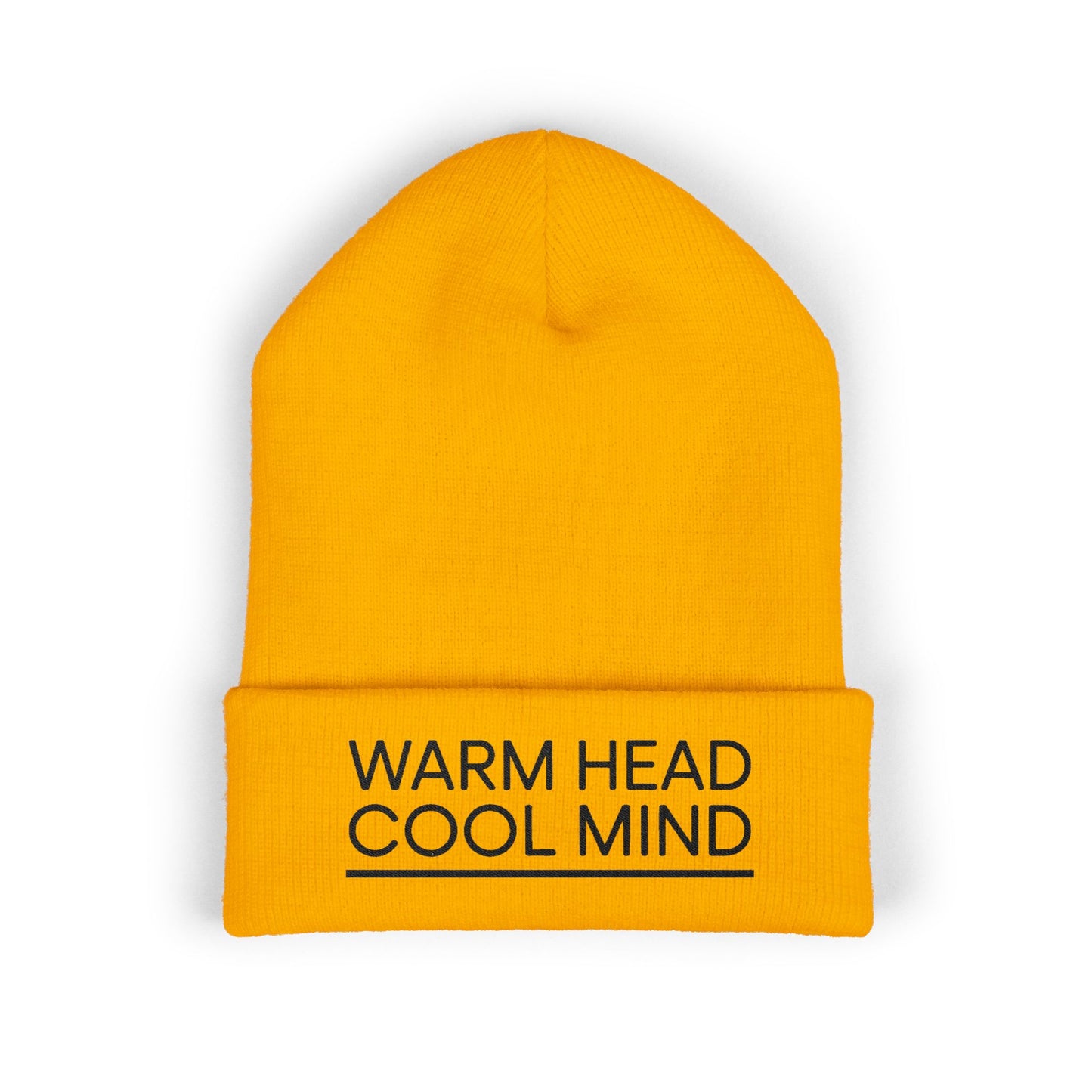 Yellow beanie with 'Warm Head Cool Mind' text on a white background. Soft acrylic cuffed beanie featuring mindful quote Warm Head Cool Mind