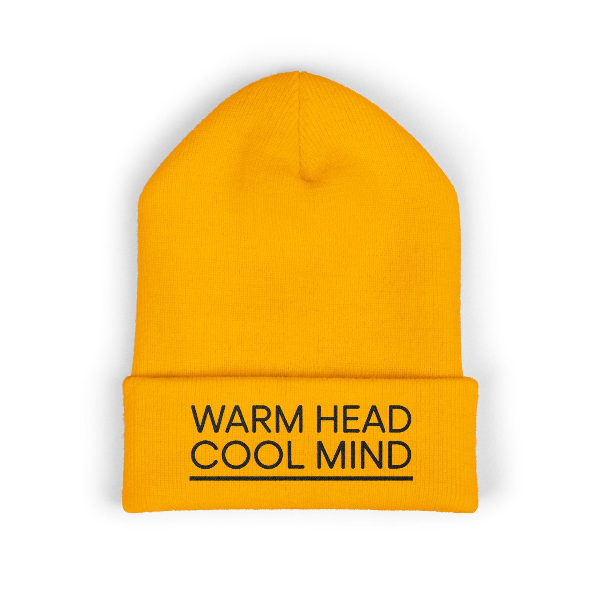 Yellow beanie with 'Warm Head Cool Mind' text on a white background. Soft acrylic cuffed beanie featuring mindful quote Warm Head Cool Mind