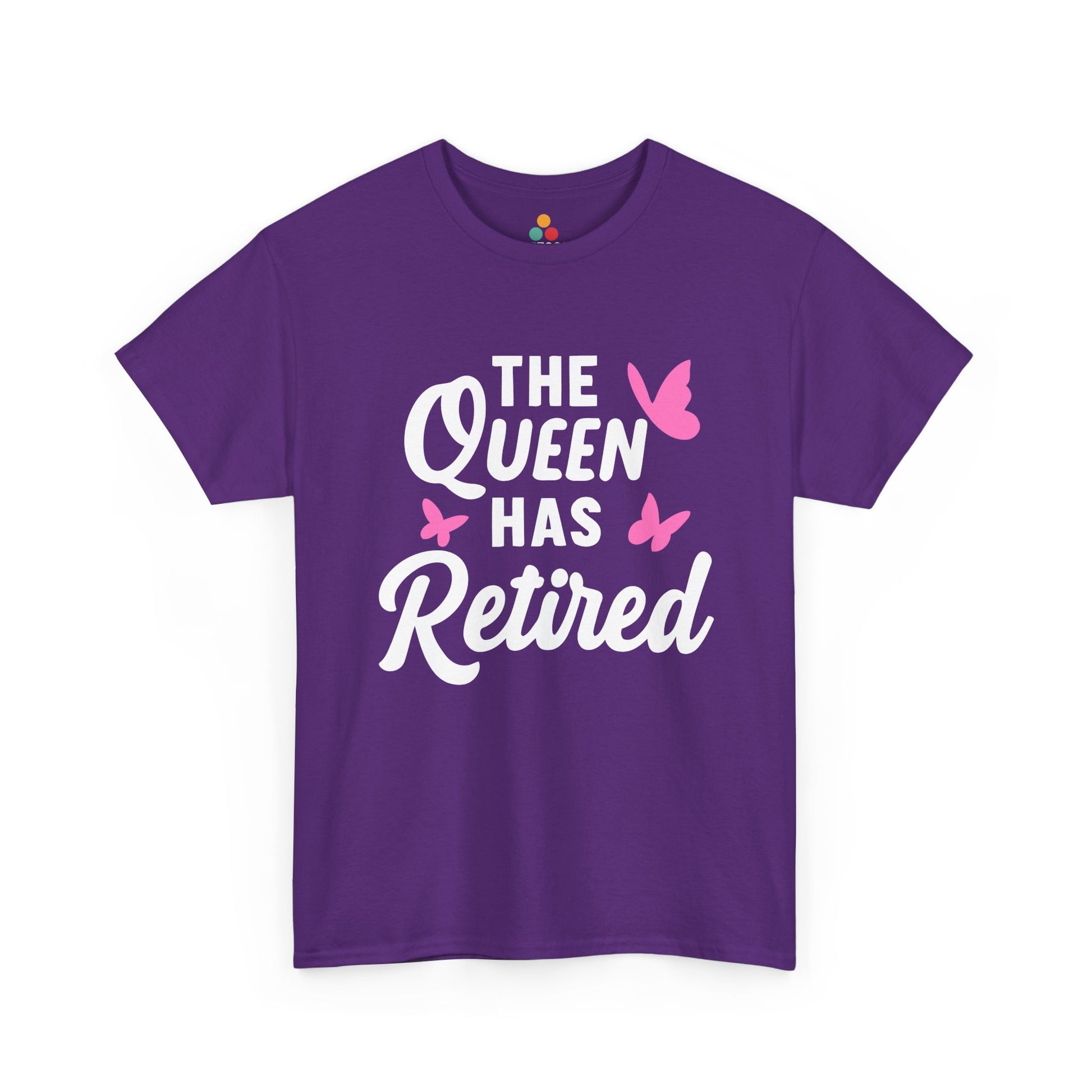 “Purple Teezoca The Queen Has Retired shirt, white lettering and pink butterflies, flat front display.”
