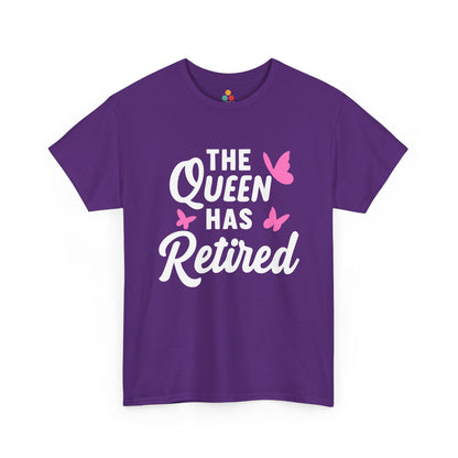 “Purple Teezoca The Queen Has Retired shirt, white lettering and pink butterflies, flat front display.”
