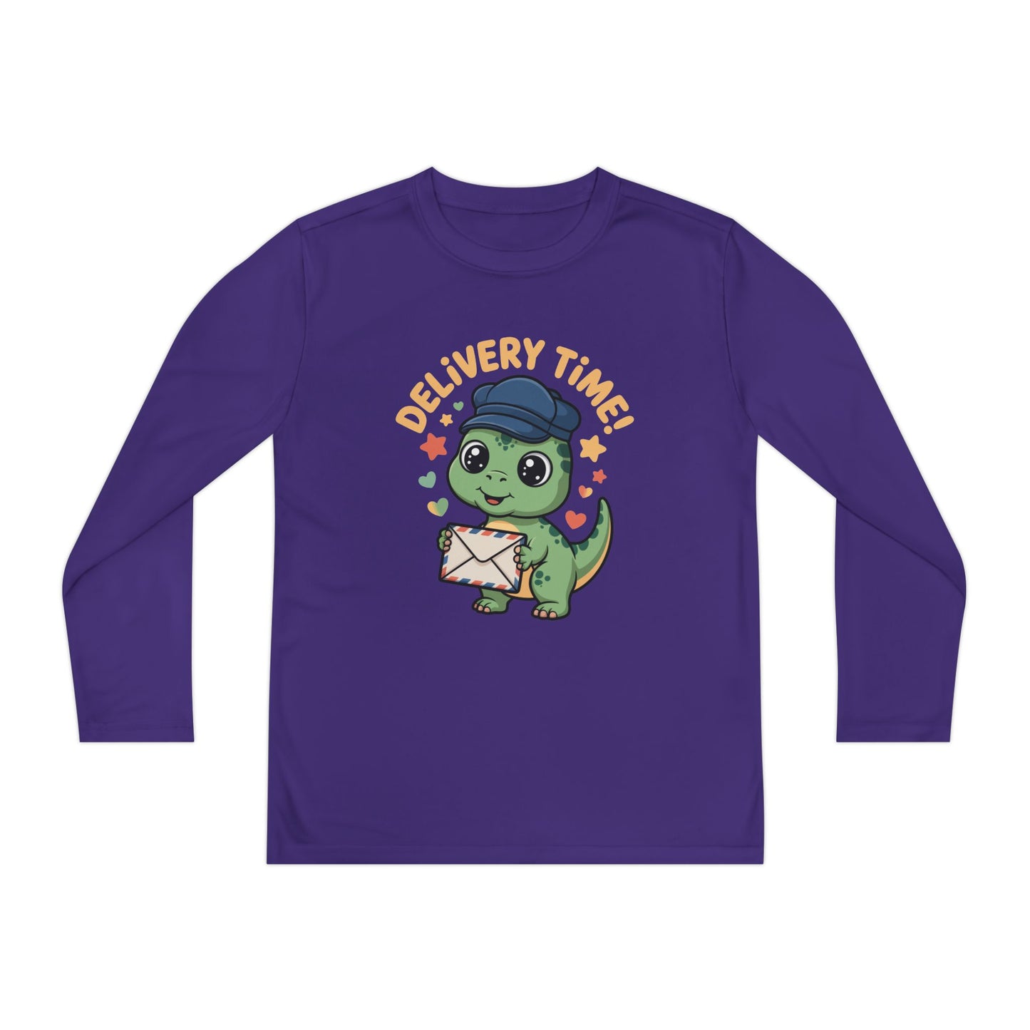 Youth Long Sleeve Tee — Cute Dino 'Delivery Time!' Mail Carrier Shirt TEEZOCA