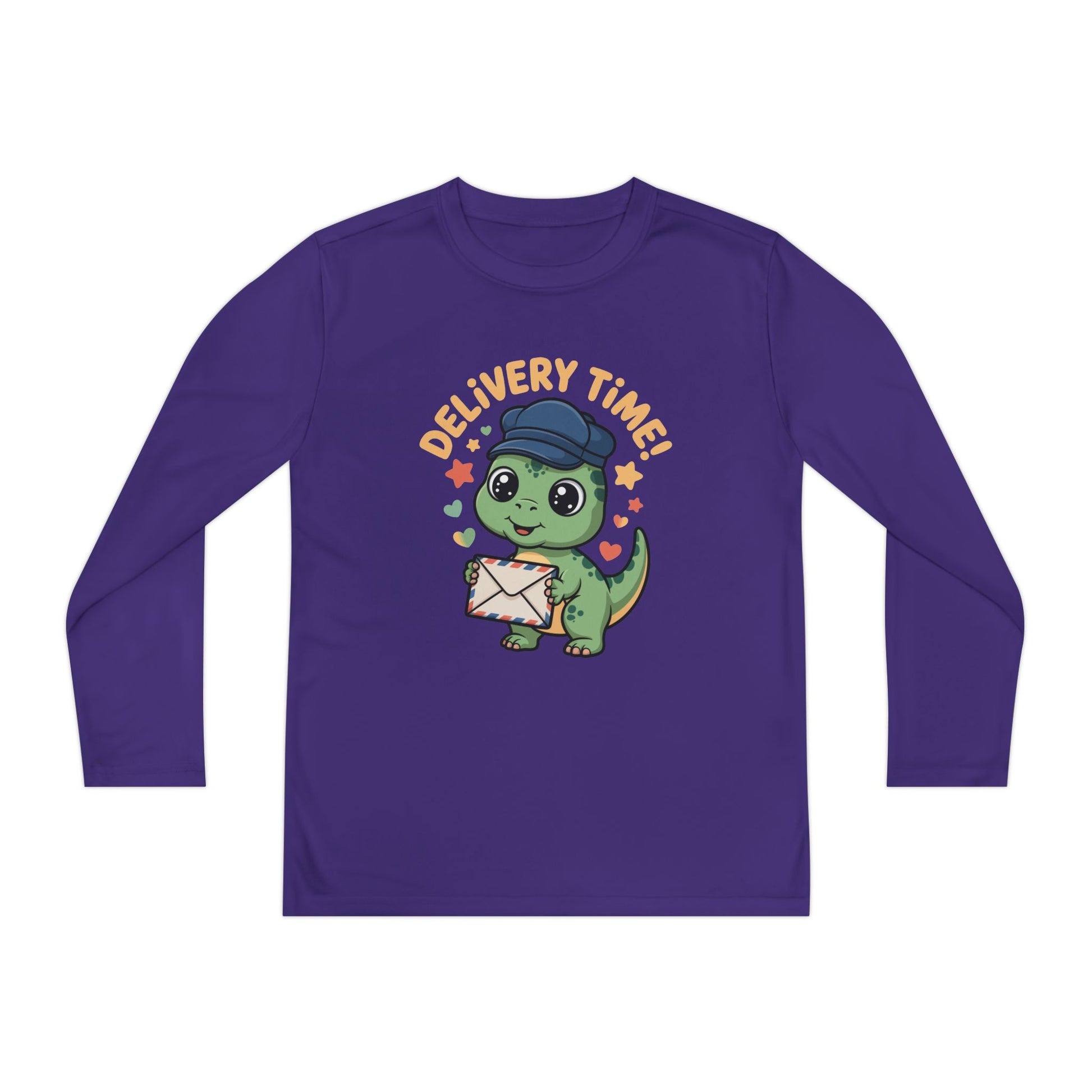 Youth Long Sleeve Tee — Cute Dino 'Delivery Time!' Mail Carrier Shirt TEEZOCA