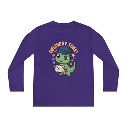 Youth Long Sleeve Tee — Cute Dino 'Delivery Time!' Mail Carrier Shirt TEEZOCA