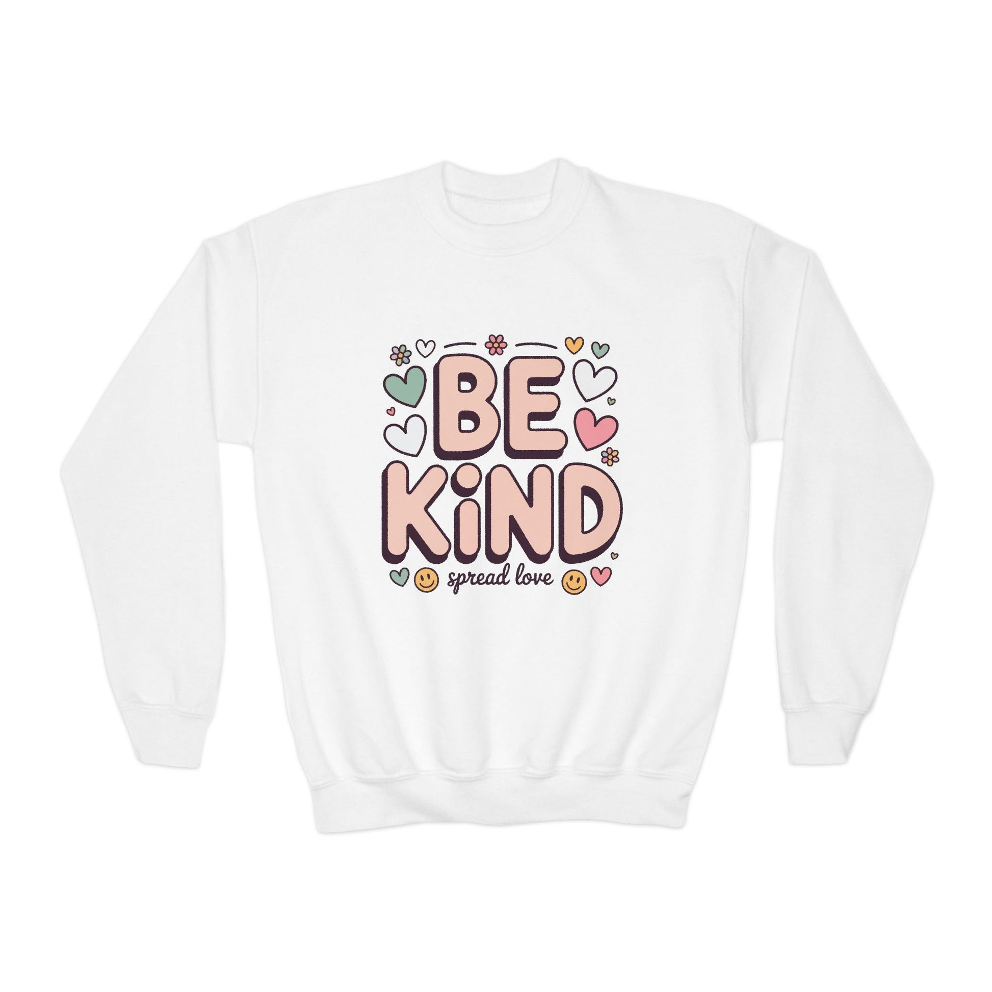 Be Kind Youth Crewneck Sweatshirt — Cute Heart Graphic, Spread Love Kids Sweater TEEZOCA