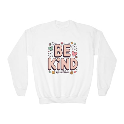 Be Kind Youth Crewneck Sweatshirt — Cute Heart Graphic, Spread Love Kids Sweater TEEZOCA