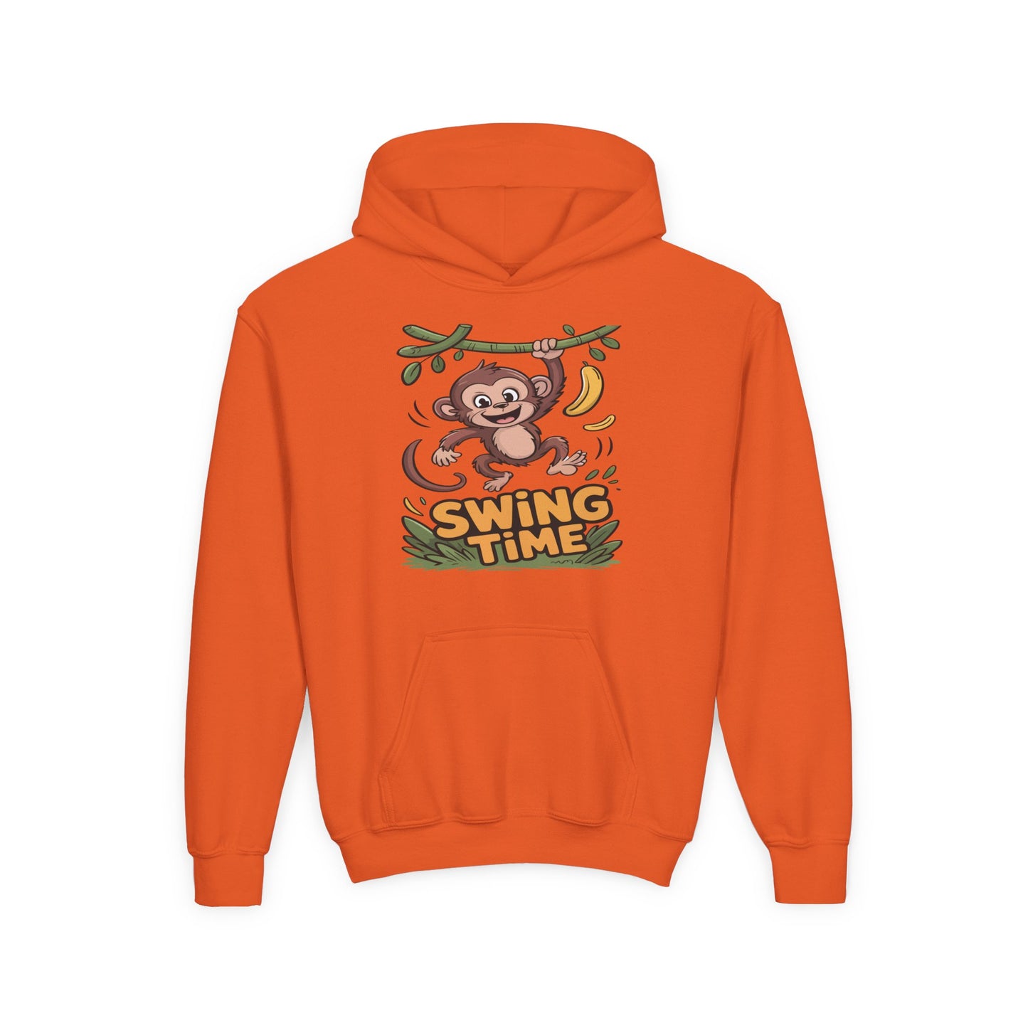 Kids hoodie with a playful monkey swinging from a branch and jungle theme design