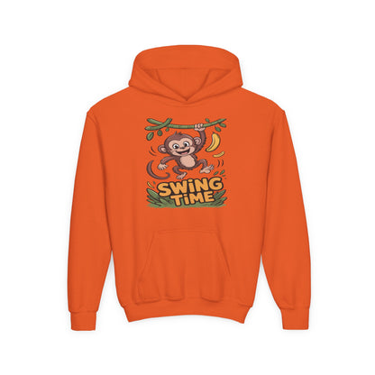 Kids hoodie with a playful monkey swinging from a branch and jungle theme design