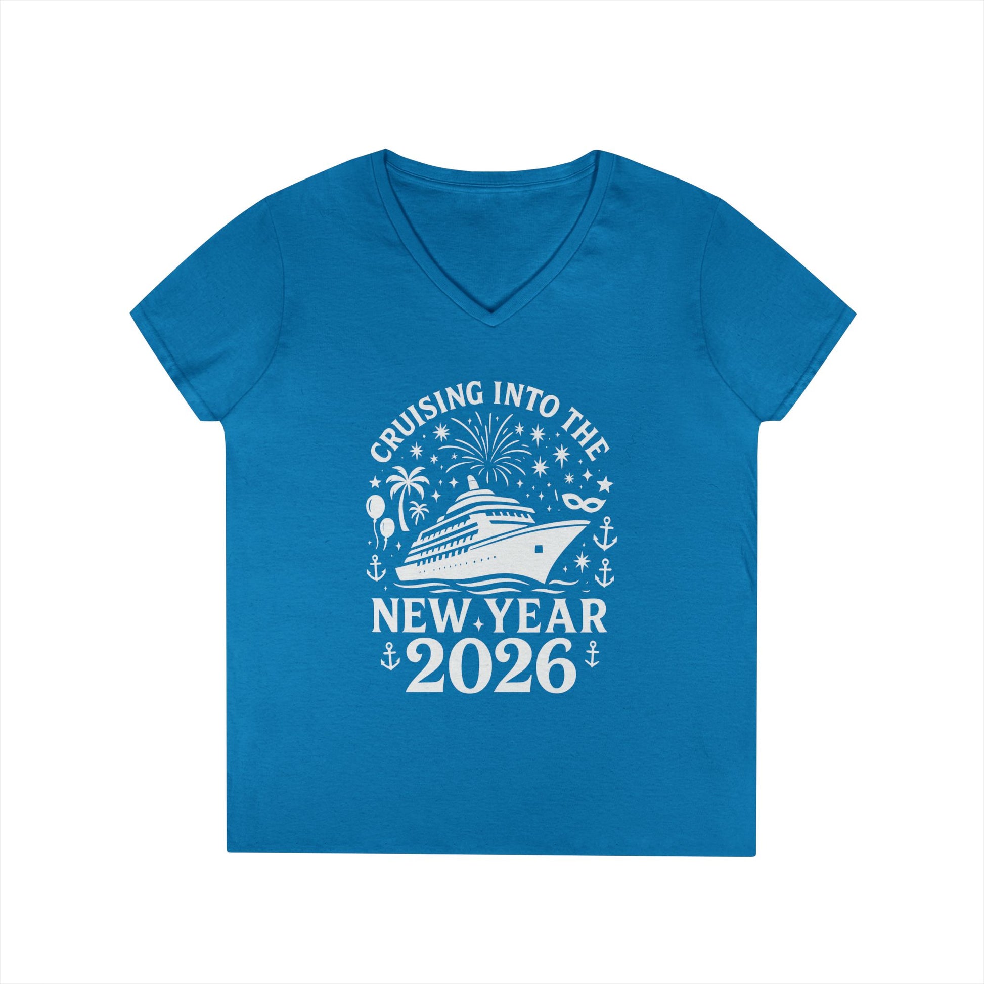 Blue t-shirt with New Year's design featuring a cruise ship on a white background