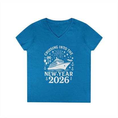 Blue t-shirt with New Year's design featuring a cruise ship on a white background
