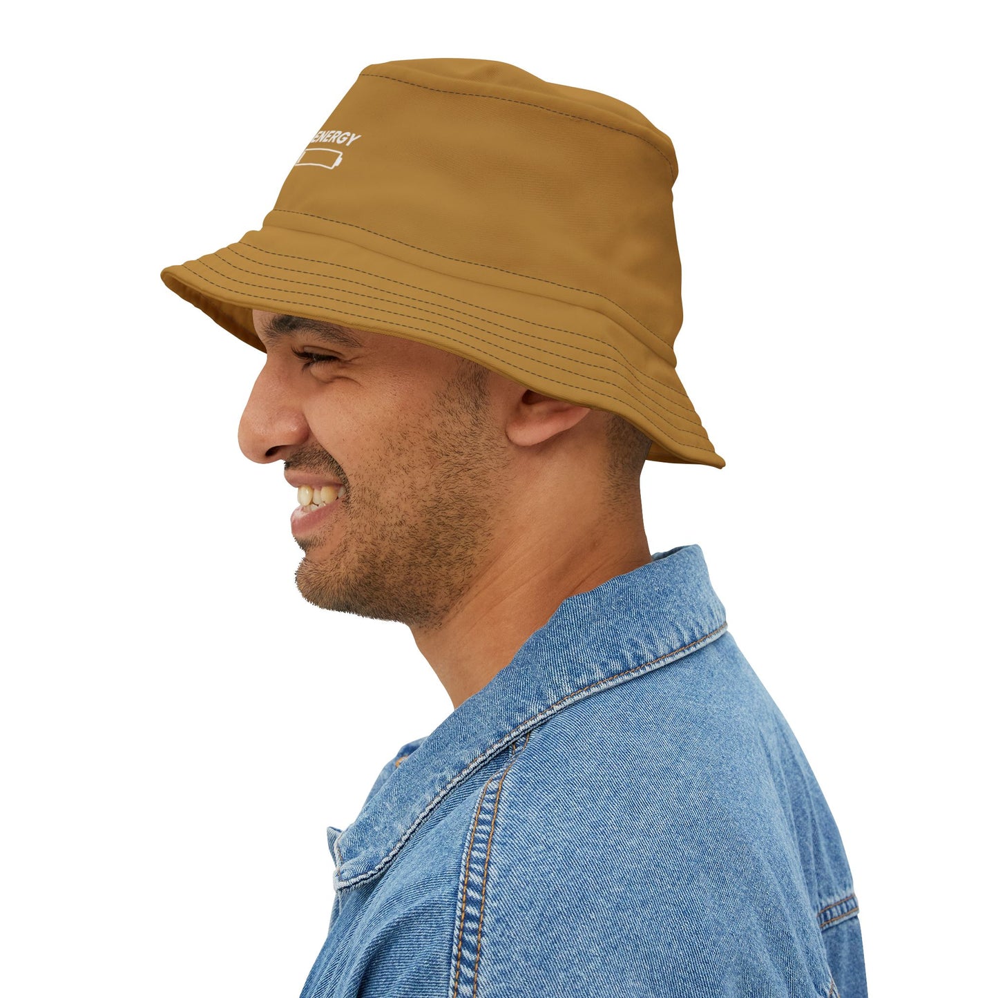 Brown bucket hat with funny motivational text 'Powered By 1% Energy And 99% Hope' on a white background. TEEZOCA