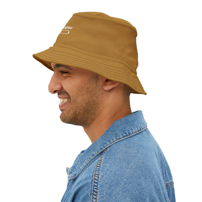 Brown bucket hat with funny motivational text 'Powered By 1% Energy And 99% Hope' on a white background. TEEZOCA