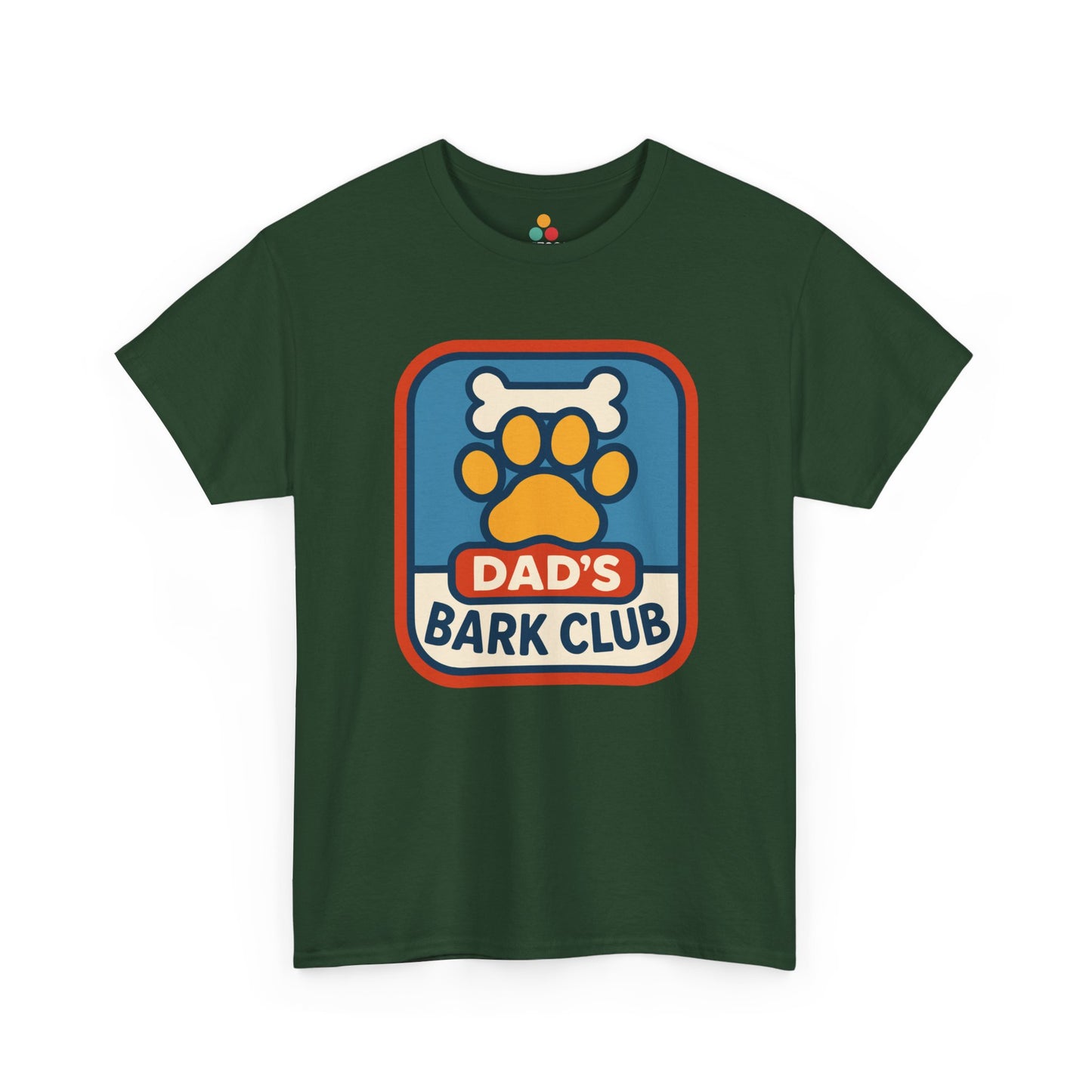 "forest green 'Dad's Bark Club' shirts with dog paw and bone badge design, flat front view."

