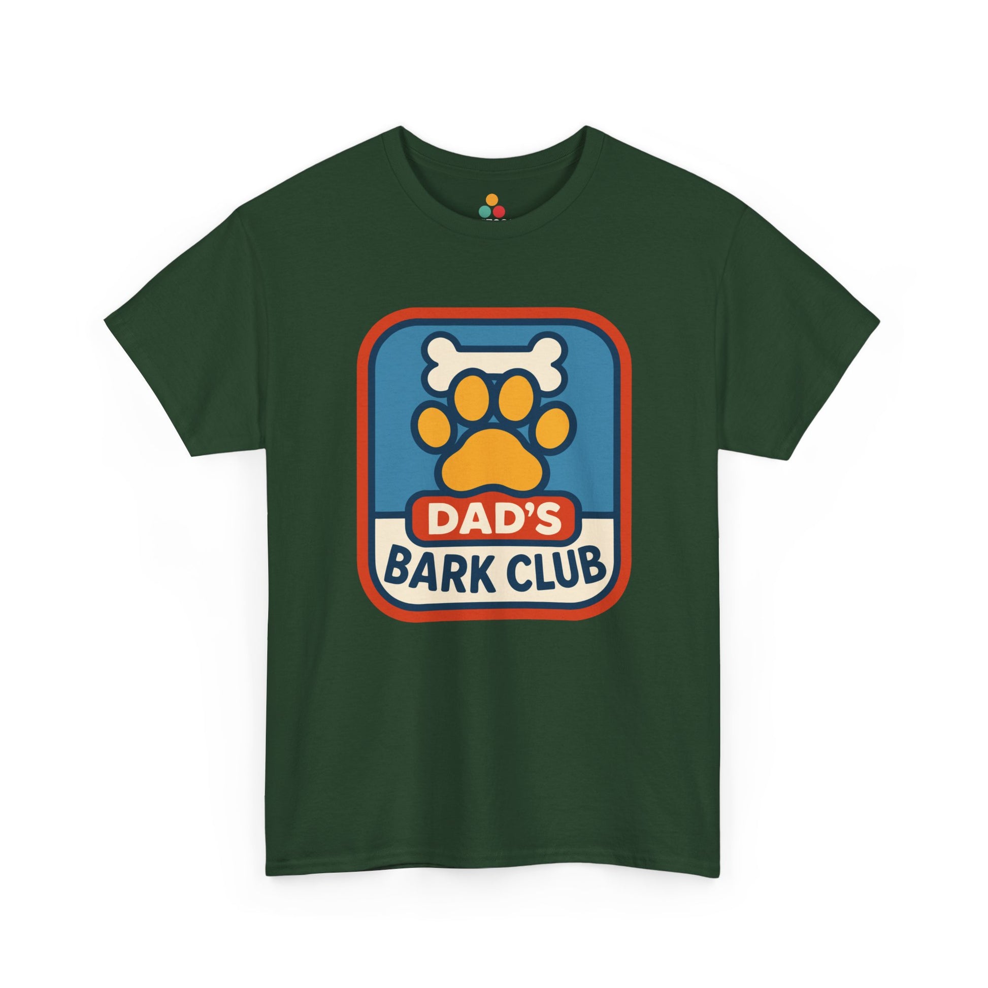 "forest green 'Dad's Bark Club' shirts with dog paw and bone badge design, flat front view."

