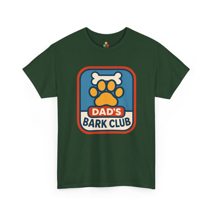 "forest green 'Dad's Bark Club' shirts with dog paw and bone badge design, flat front view."

