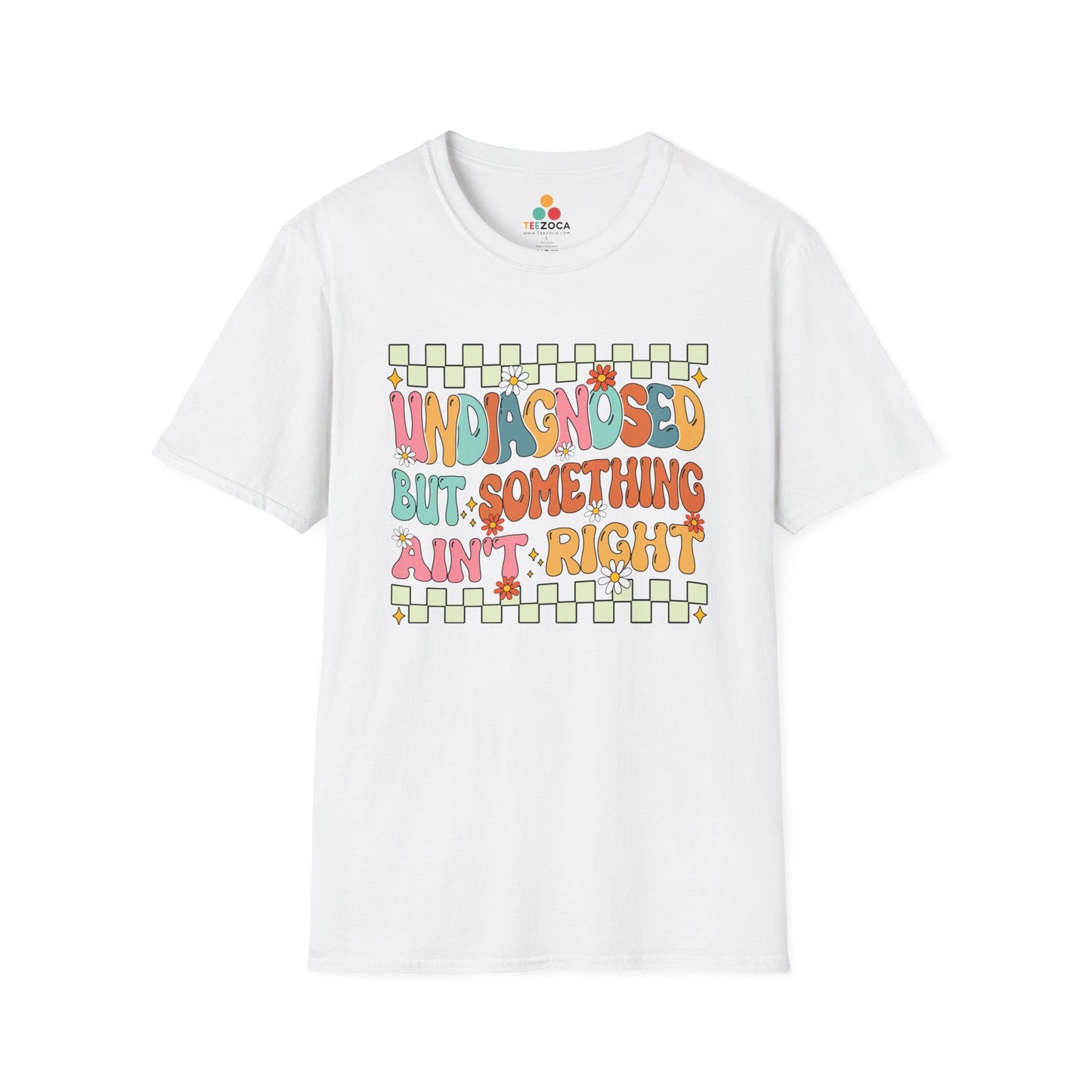 White t-shirt with colorful text design on a white background