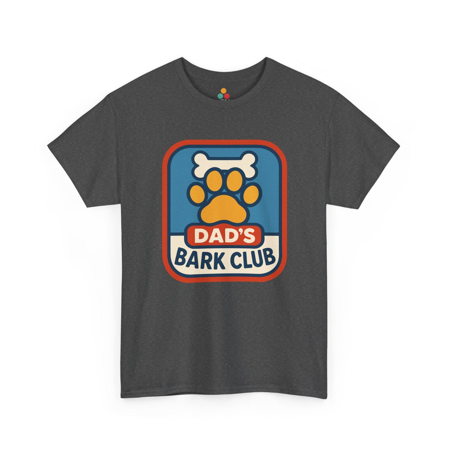 "Gray 'Dad's Bark Club' shirts with dog paw and bone badge design, flat front view."

