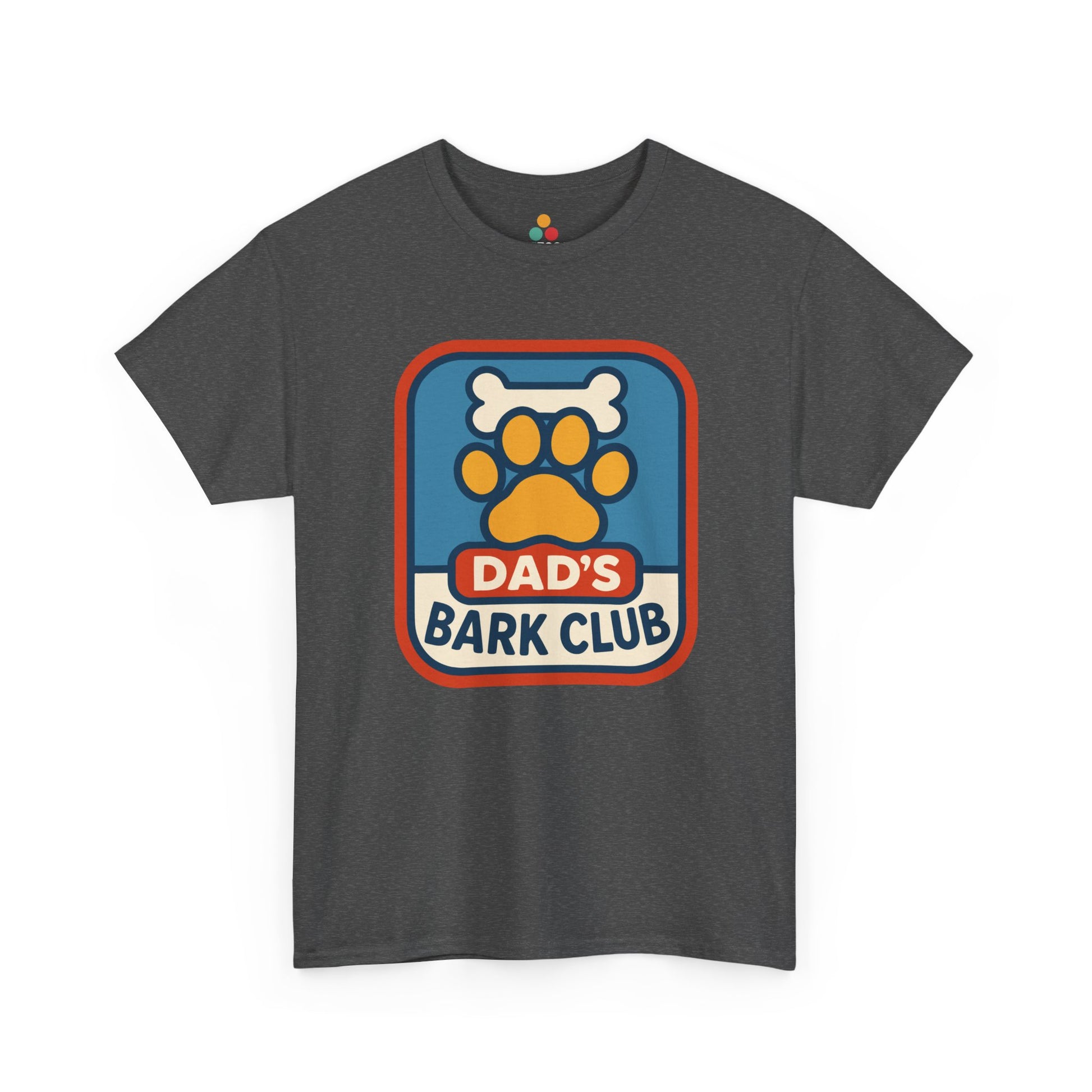 "Gray 'Dad's Bark Club' shirts with dog paw and bone badge design, flat front view."

