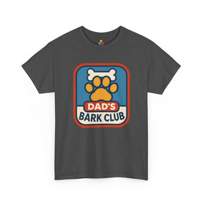 "Gray 'Dad's Bark Club' shirts with dog paw and bone badge design, flat front view."

