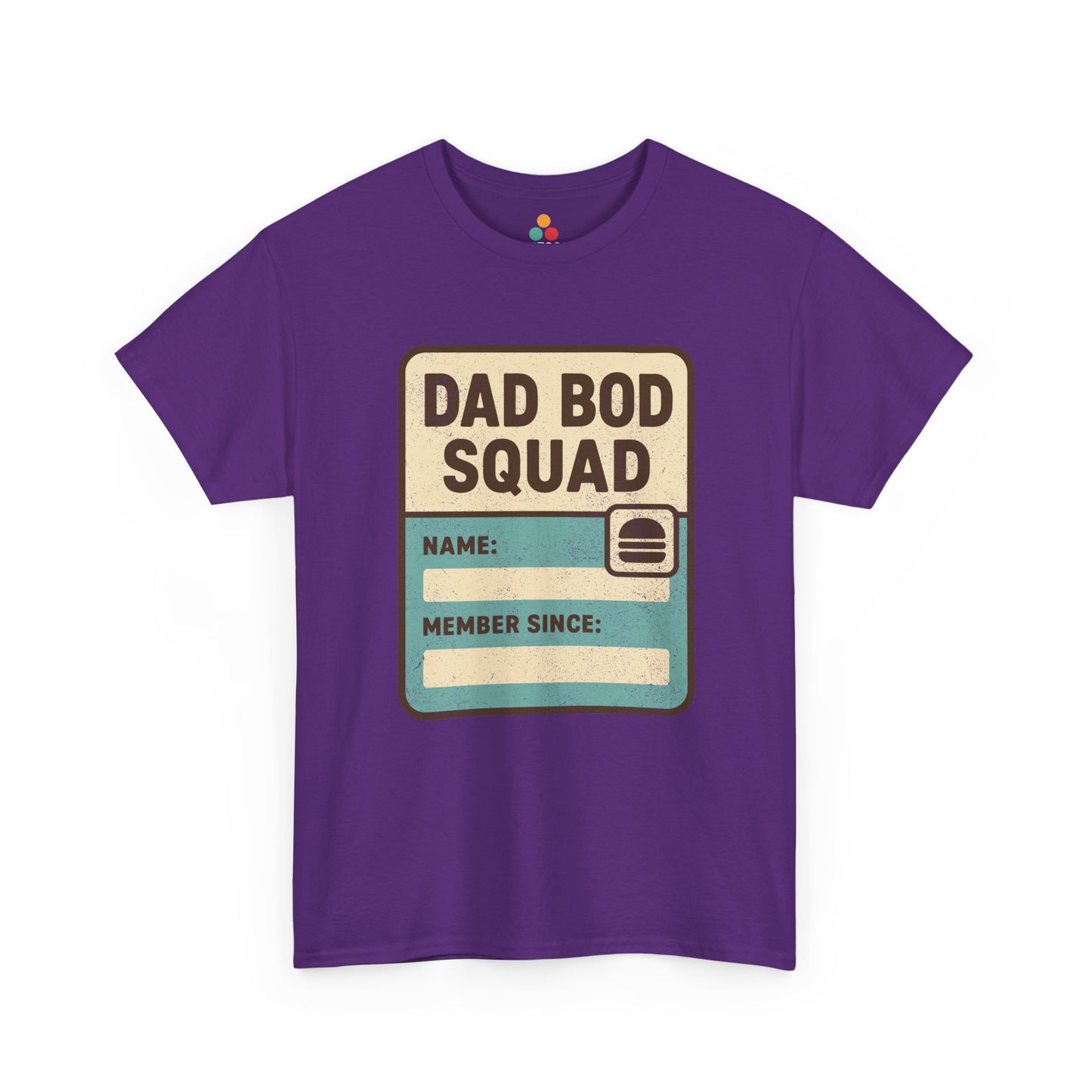  Purple t‑shirt with “Dad Bod Squad” vintage membership card graphic, flat front view.