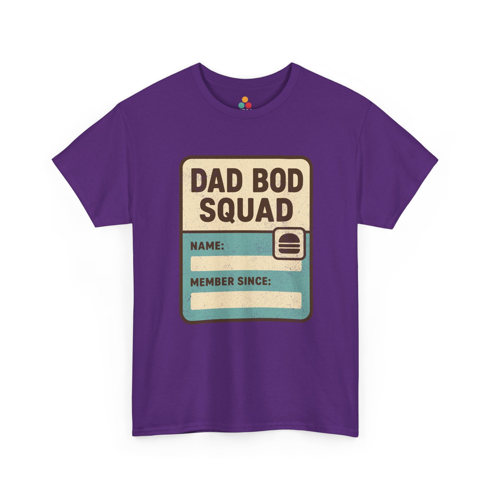  Purple t‑shirt with “Dad Bod Squad” vintage membership card graphic, flat front view.