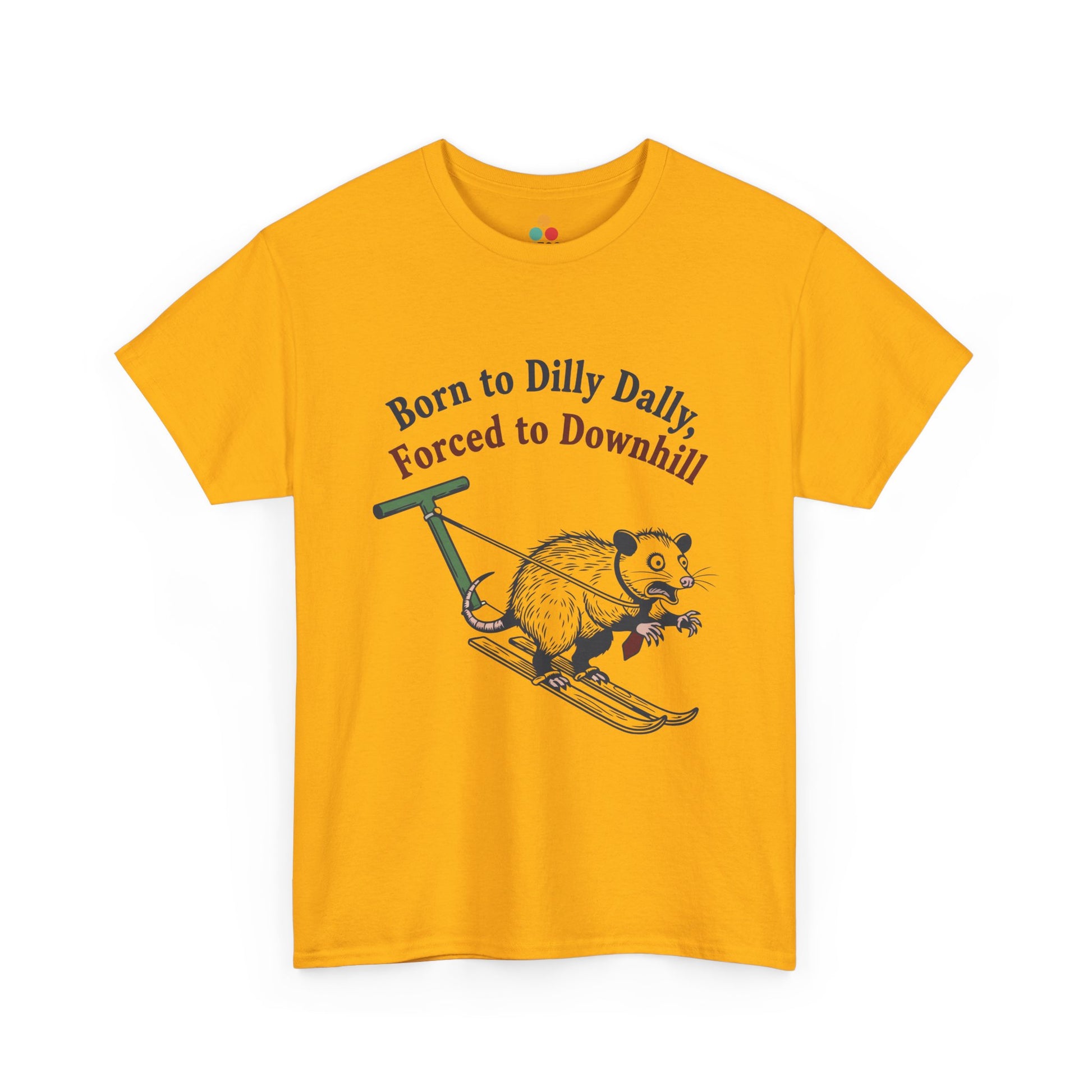 Opossum Skiing Graphic T-Shirt - "Born to Dilly Dally, Forced to Downhill" Funny Winter Tee | TEEZOCA 