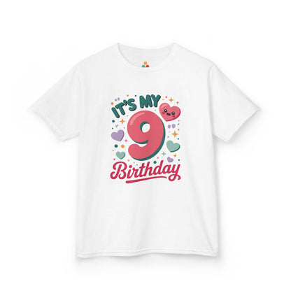 “White ‘It’s My 9th Birthday’ t‑shirt with big pink number 9, cute hearts and sparkles, kids birthday design, flat front view.”

