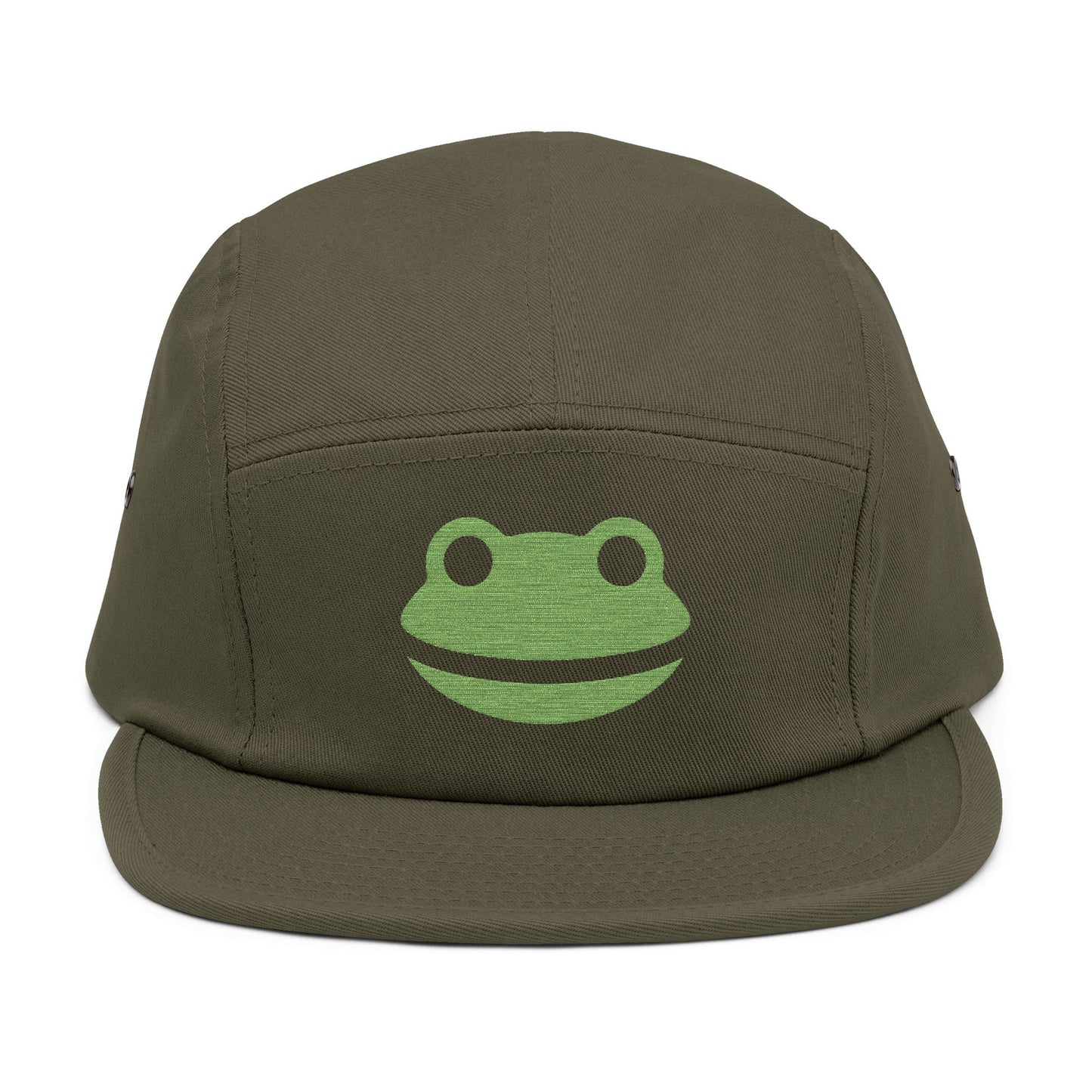 Green frog logo on a brown cap against a white background. Minimalist frog face embroidery design with wide smile and round eyes. TEEZOCA