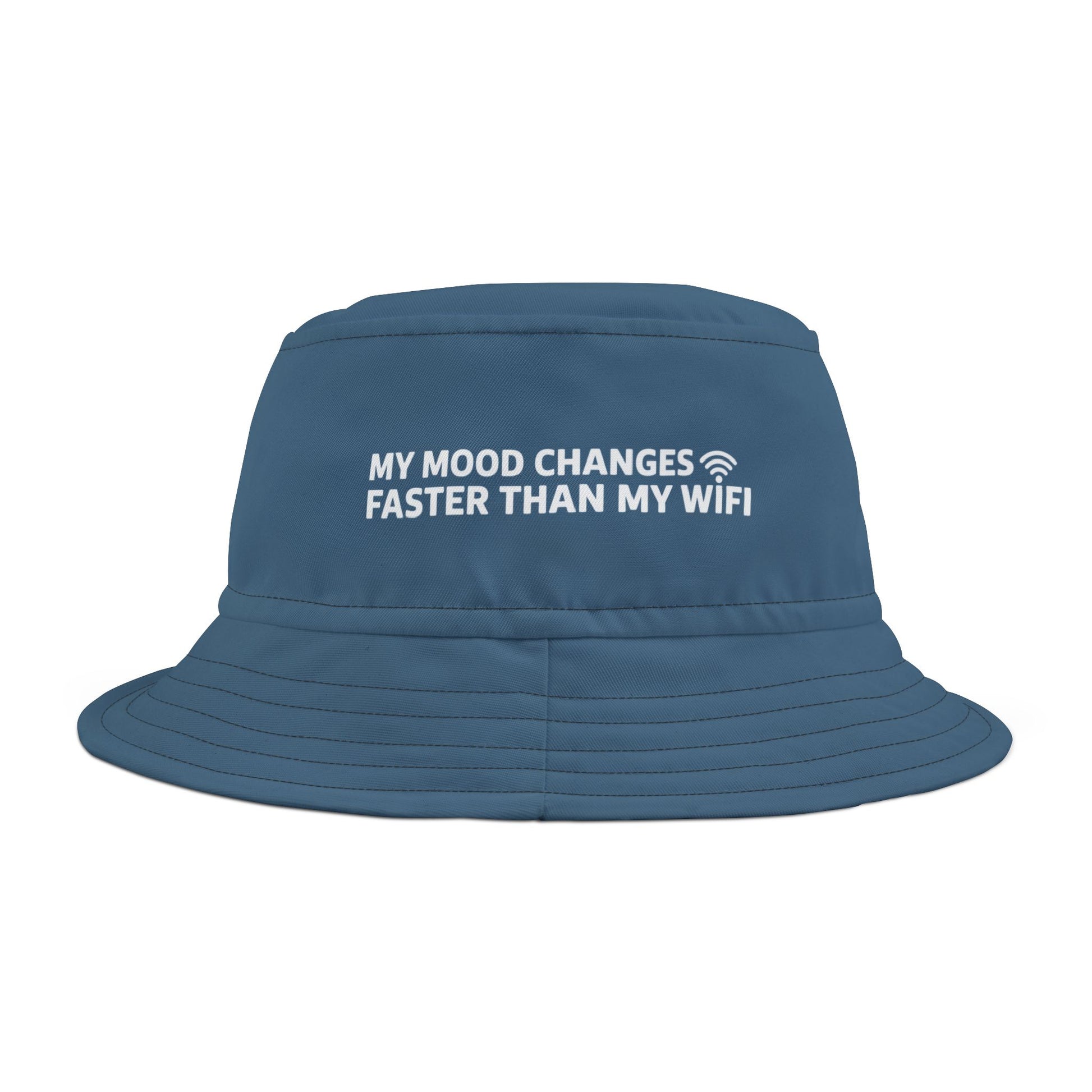 Blue bucket hat with funny text 'My mood changes faster than my WiFi' on a white background. TEEZOCA