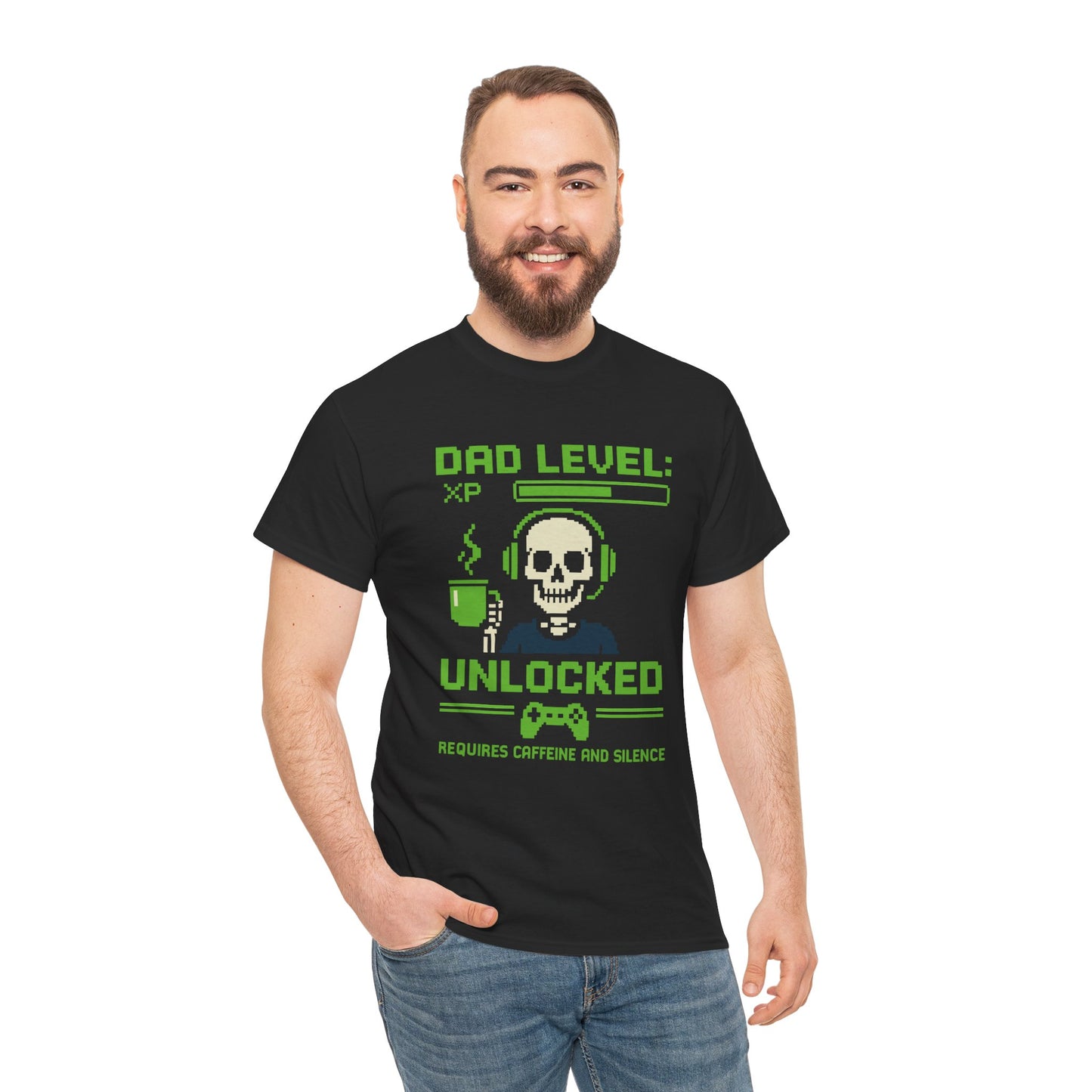 “Man wearing black ‘Dad Level: XP Unlocked – Requires Caffeine and Silence’ gamer dad t‑shirt, front view.”

