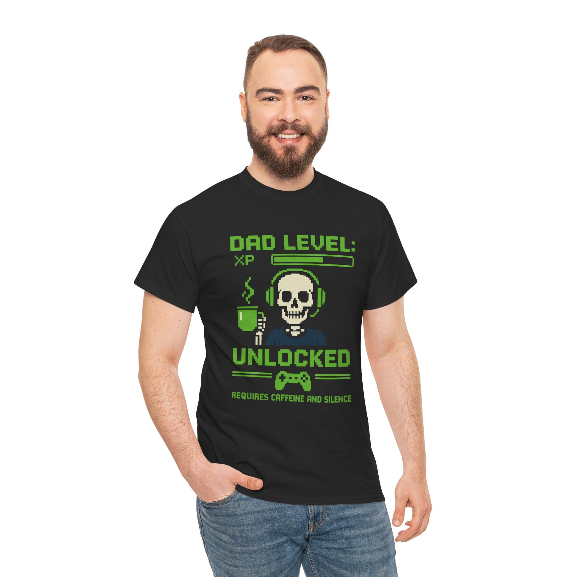 “Man wearing black ‘Dad Level: XP Unlocked – Requires Caffeine and Silence’ gamer dad t‑shirt, front view.”

