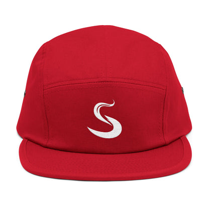 Red cap with a white logo on a white background. Minimalist S-shaped steam swirl embroidery design in bold white stitched on a 5-panel cap by TEEZOCA