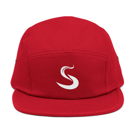 Red cap with a white logo on a white background. Minimalist S-shaped steam swirl embroidery design in bold white stitched on a 5-panel cap by TEEZOCA
