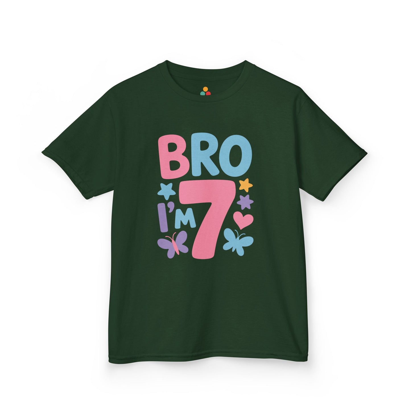 "Forest green Bro I'm 7 t-shirt by Teezoca, colorful birthday design, flat front display."


