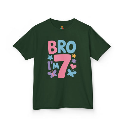 "Forest green Bro I'm 7 t-shirt by Teezoca, colorful birthday design, flat front display."

