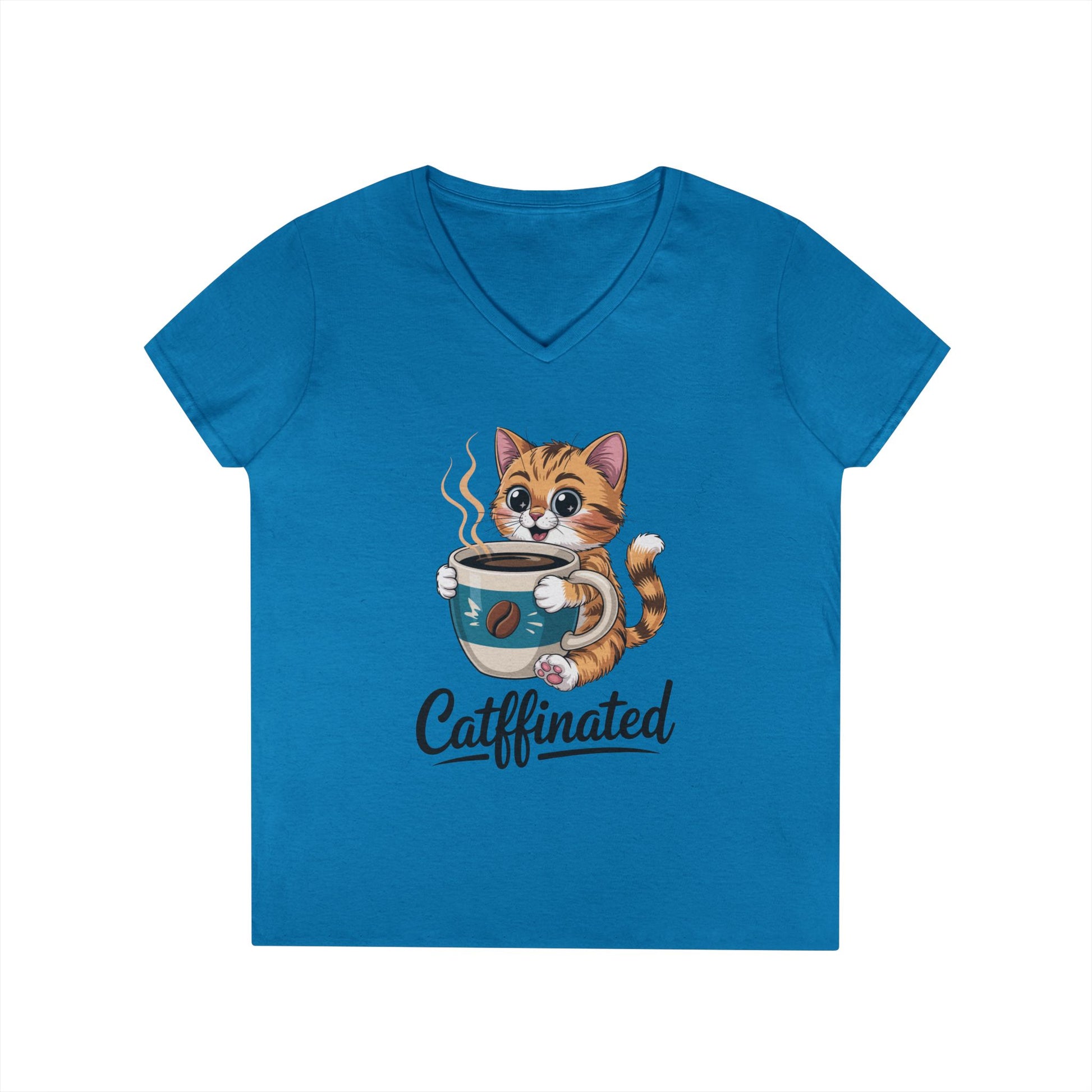 Caffeinated Cute Cat Coffee Lover V-Neck T-Shirt for Women | TEEZOCA 