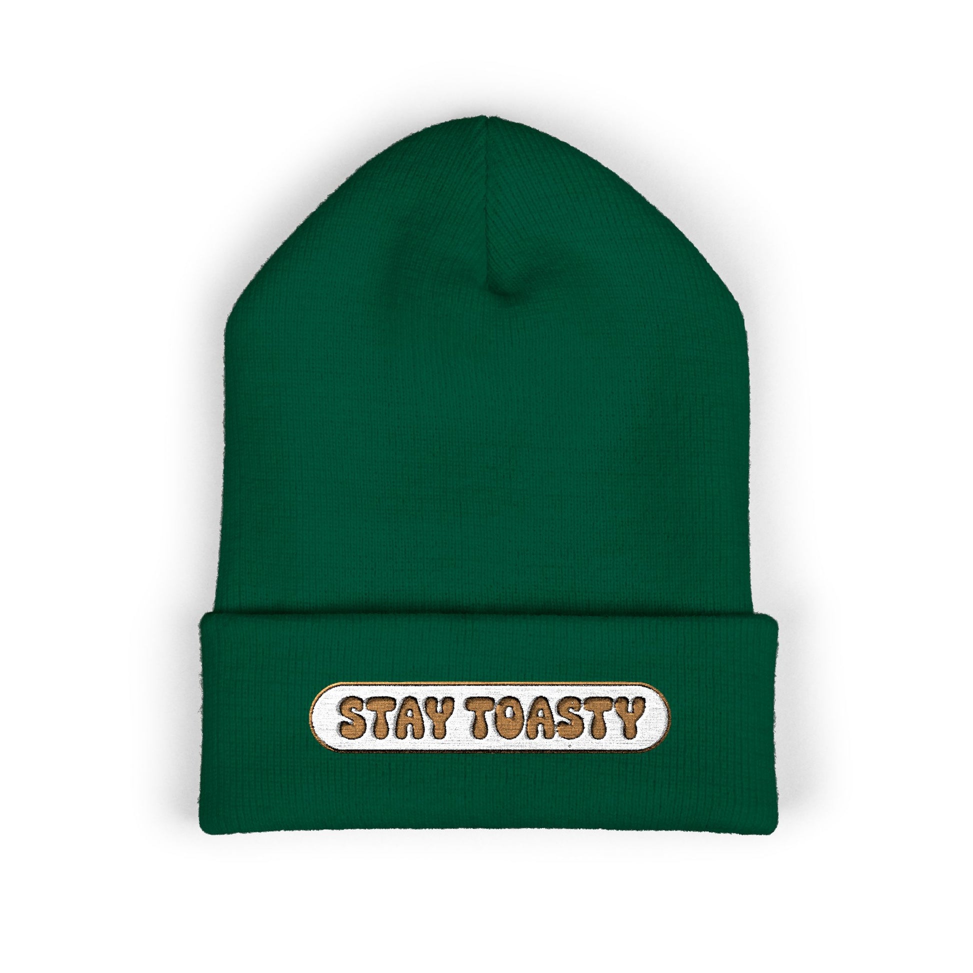 Green beanie with 'Stay Toasty' text on a white background