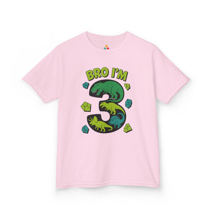 "pink 'Bro I'm 3' kids shirts with colorful dinosaur number 3 design, flat front view."

