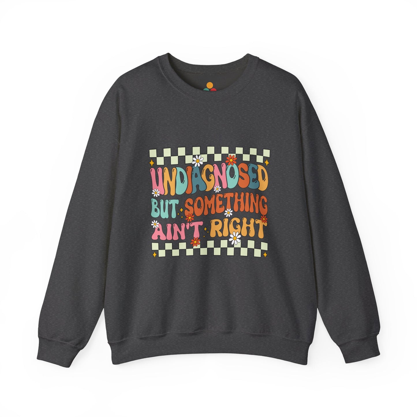 Gray sweatshirt with colorful text and pattern on a white background
